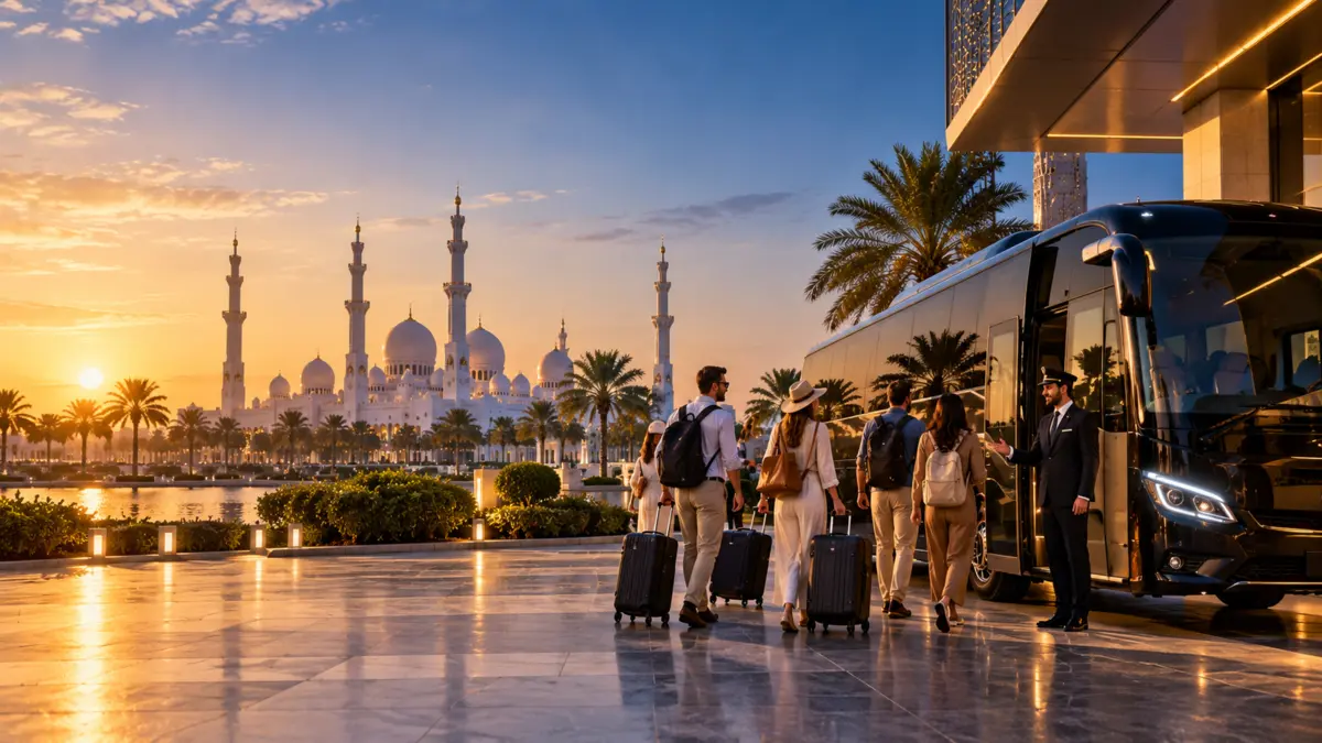 Tourism guests boarding a luxury coach in Abu Dhabi